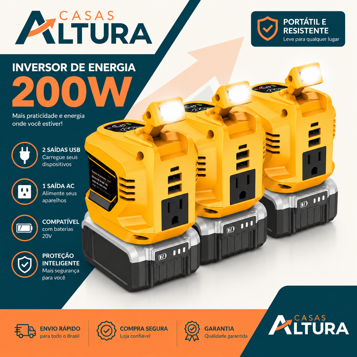 Inversor de Energia 200W para Eletrodomésticos – USB, Tipo-C e Luz LED