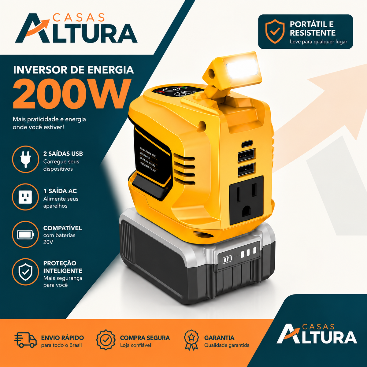Inversor de Energia 200W para Eletrodomésticos – USB, Tipo-C e Luz LED
